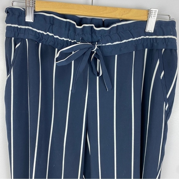 Zara TRF Striped Straight Leg Crop Trousers Drawstring Waist Medium Navy - Picture 4 of 12